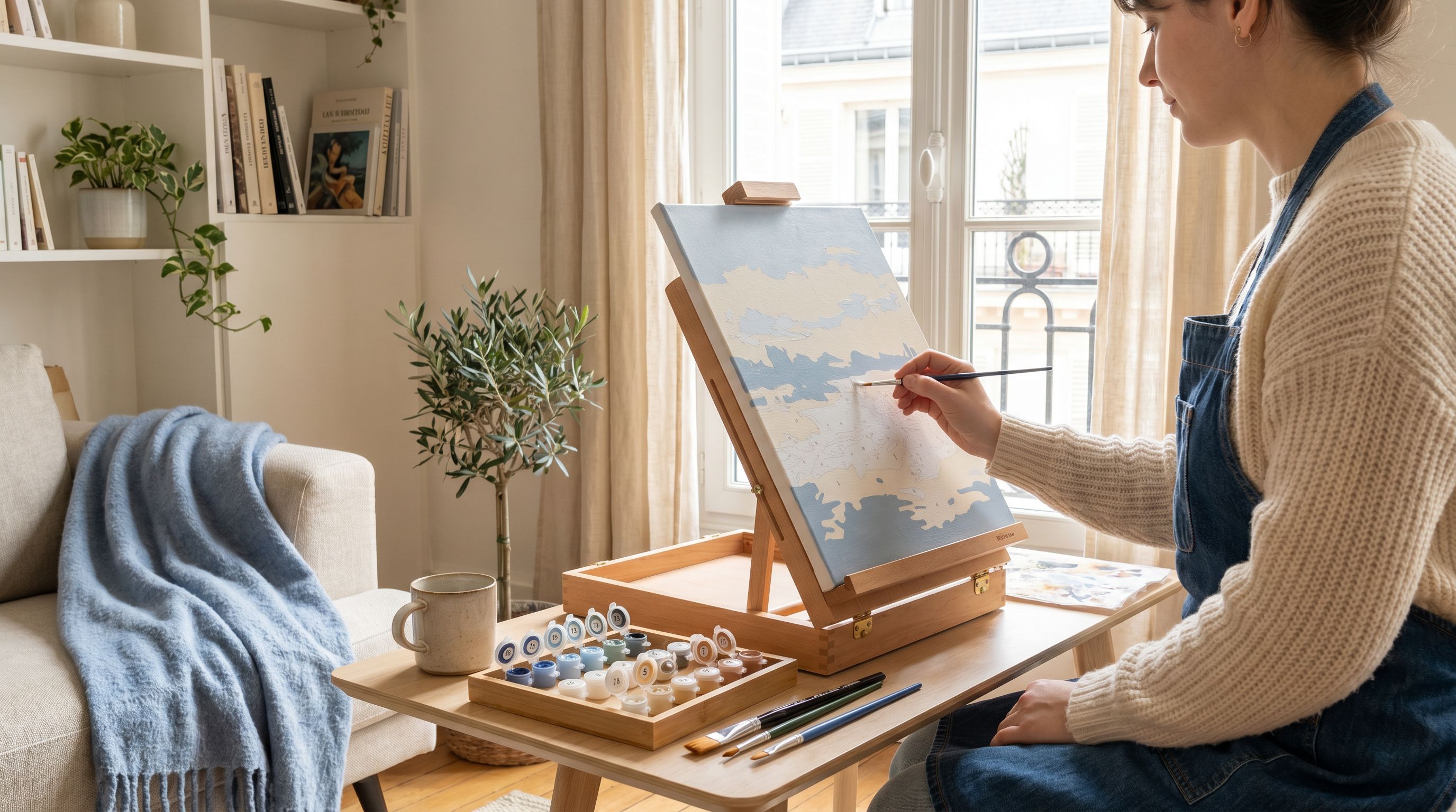 Une main tient un pinceau au-dessus d’une toile à demi peinte